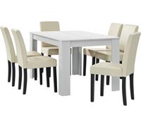 [en.casa] Table de salle à manger blanche mate avec 6 chaises crème en similicuir rembourré 140x90 Groupe de salle à manger