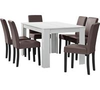 [en.casa] Table de salle à manger blanche mate avec 6 chaises marron en similicuir rembourré 140x90 Groupe de salle à manger