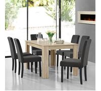 [en.casa] Table de salle à manger (chêne cérusé) + 6 chaise de salle à manger en gris foncé - 140x90cm