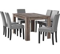 [en.casa] Table de salle à manger en chêne antique avec 6 chaises gris clair en similicuir rembourré 140x90 Groupe de salle à manger