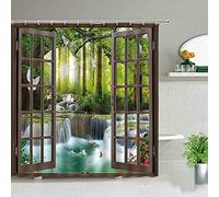 en Dehors de la fenêtre Arbre Printemps Paysage Rideaux De Douche Fleur Plante Forêt Cascade Paysage Salle De Bains Rideau De Bain avec Crochets -L180xH200cm