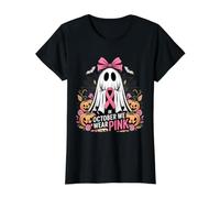 en Octobre, Nous portons Un Ruban Rose Spooky Ghost pour Le Cancer du Sein T-Shirt Graphique avec Valeur, Femme, Noir, S
