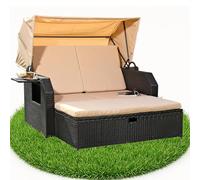 En polyrotin avec toit pare-soleil Noir Lit en rotin Canapé Chaise Longue de Jardin Lounge Chaise longue