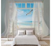 En Trois Dimensions Fenêtre Plage Oiseaux En Vol Paysage Marin Papier Peint 3D Installation Facile Intissé Tapisserie Bureau Salon Canapé Chambre Décoration Murale-400cm×280cm