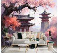 En Trois Dimensions Magnifique Cerisiers En Fleurs Roses Sentier De Pierres Architecture 3D Papier Peint Premium Texturé Soie Bureau Salle à Manger Salon Chambre Coucher Canapé TV Mur-430cm×300cm