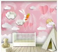 En Trois Dimensions Mignon Lapin Nuages Plumes Papier Peint 3D Installation Facile Intissé Tapisserie Bureau Salon Canapé Chambre Décoration Murale-200cm×140cm
