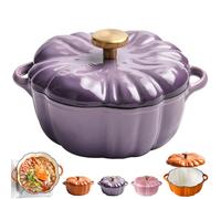 Enameled Cast Iron Pumpkin Dutch Ovens, Cute Halloween Pumpkin Pot with Lid, 4-Quart Enameled Cast Iron Pot, Holds 2-3 Servings, Non-Stick, for All Stovetops (Purple Round button,L 7.9in)