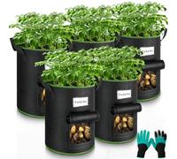 Enbagold 5 Sac Plantation Pomme de Terre Avec Gants de Jardinage, 30L Non Tissé, Culture Avec Poignées et Fenêtre, Pots Pour Tomates, Carottes, Fraises, Légumes