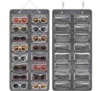 Enbagold Rangement Lunette de Soleil, 16 Fentes Suspendu Organiseur Lunettes de Soleil avec 2 Crochet, Transparent Étanche à la Poussière Sacs Organisateur en Feutre - Gris