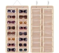 Enbagold Rangement Lunette de Soleil, 16 Fentes Suspendu Organiseur Lunettes Porte de Soleil avec 2 Crochet, Transparent Étanche à la Poussière Sacs Organisateur en Feutre - Beige