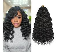 Enbeautiful 14 Inch 8 Packs Pre-Looped Ocean Wave Crochet Hair Pre-Twisted Deep Water Beach Curly Braiding Hair Synthetic Boho Wavy Curly Hair Extensions for Women（14 Inch,1B）