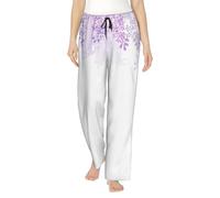 Encadrement de fleurs lilas en imprimé floral pour femme en polyester doux - Pantalon de survêtement ample et confortable avec poches, Noir , L