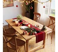 Encasa XO Chemin de Table | Coton à Fines Côtes Teinté au Fil | Taille 32x137 cm | Échelle Rouge | Lavable en Machine