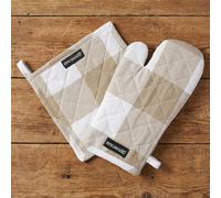 Encasa XO Gants de Four et Manique 100% Coton Résistants à la Chaleur avec Boucle, Gants de Cuisine, Manique pour Micro-Ondes - Chèques Beige Buffalo, 18x30 cm, (Lot de 2)