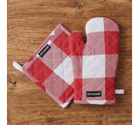 Encasa XO Gants de Four et Manique 100% Coton Résistants à la Chaleur avec Boucle, Gants de Cuisine, Manique pour Micro-Ondes - Carreaux Rouges Buffle, 18x30 cm, (Lot de 2)