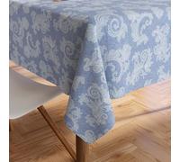 Encasa XO Nappe Coton Chambray, Style Jacquard 145x180 cm Bleu | 100% Coton Pur | Motif Floral Imprimé | Pour Table 4 to 6 Seater | Lavable en Machine | Fêtes & Repas de Famille