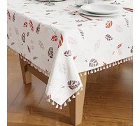 Encasa XO Nappe en Polyester Soyeux pour Table 4 Seater | Design imprimé Feuilles bohèmes avec des Pompons | Utilisez la Cuisine, Les fêtes intérieures et extérieures avec la Taille 140x140 cm