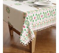 Encasa XO Nappe en Polyester Soyeux pour Table 4 to 6 Seater | Design imprimé Bohème Vert Vif avec des Pompons | Utilisez la Cuisine, Les fêtes intérieures et extérieures avec la Taille 140x180 cm