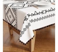 Encasa XO Nappe en Polyester Soyeux pour Table 4 to 6 Seater | Design imprimé Panneau bohème avec des Pompons | Utilisez la Cuisine, Les fêtes intérieures et extérieures avec la Taille 140x180 cm