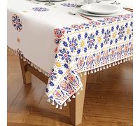 Encasa XO Nappe en Polyester Soyeux pour Table 6 to 8 Seater | Design imprimé Bohème Lumineux avec des Pompons | Utilisez la Cuisine, Les fêtes intérieures et extérieures avec la Taille 140x240 cm