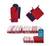 Encasa XO Torchon et Serviettes de Cuisine - Gants de Four - Lot de 12 Pièces Support et Manique - Pur Coton - Linges à Vaisselle Combo Rouge