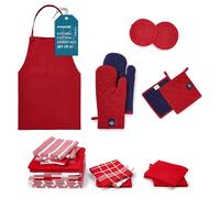 Encasa XO Torchon et Serviettes de Cuisine - Gants de Four - Lot de 12 Pièces Support et Manique - Pur Coton - Linges à Vaisselle Combo Rouge