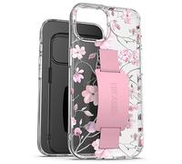 Encased Coque transparente avec dragonne, conçue pour iPhone 15 Plus (2023) avec support de téléphone en silicone (fleurs roses)