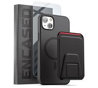ENCASED SlimShield Case with Magnetic Card Holder for iPhone 14 with Screen Protector, Compatible with MagSafe - Wallet with Flip Kickstand (Black)