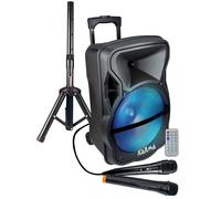 Enceinte amplifiée Karma PSB12" 600W PMPO, Mobile sur batterie, LED, 1 micro VHF, 1 filaire, USB SD Bluetooth, TWS, Support Pied