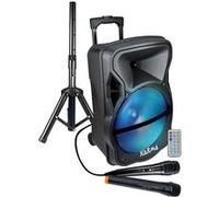 Enceinte amplifiée Karma PSB12 600W PMPO, Mobile sur batterie, LED, 1 micro VHF, 1 filaire, USB SD Bluetooth, TWS, Support Pied