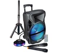 Enceinte amplifiée Karma PSB12" 600W PMPO, Mobile sur batterie, LED, 2 Micros USB SD Bluetooth, TWS, Support Pied, Ovni LED RVB