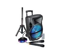 Enceinte amplifiée Karma PSB12" 600W PMPO, Mobile sur batterie, LED, 2 Micros USB SD Bluetooth, TWS, Support Pied, Ovni LED RVB