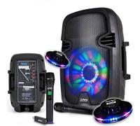 Enceinte batterie 8" LED 300W USB/BT/FM + 2 MICROS Filaire + sans fil + effet UFO OVNI LED RVB