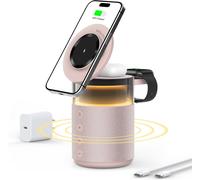 Enceinte Bluetooth 3 En 1 Lampe De Nuit Chargeur Sans Fil 15W \U2013 Lampe De Chevet Tactile Réglable, Bluetooth 5.4, Lumières Ambiantes (Rose)