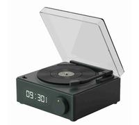 Enceinte Bluetooth avec veilleuse réglable, affichage de l'heure et indicateur de batterie, design style tourne-disque vinyle rétro, basses