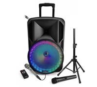 Enceintes, baffle et amplis DJ Party Light & Sound Pack Karaoké - Enceinte Bluetooth nomade sur batterie PARTY-12RGB Tuner USB - 2 Micros - Pied Support Ibiza - Soirée Anniversaire Animation