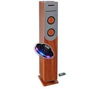 enceinte colonne finition bois avec lecteur cd, bluetooth, fm et usb, 100w , télécommande, jeu de lumière ovni led