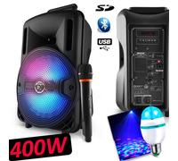 Enceinte Karaoké Mobile Party Dj Sono PA Batterie 8" 400W à LEDs RVB USB/SD/BT + Micro VHF MyDJ Djoon08 + Ampoule DIAMS
