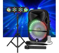 Enceinte Karaoké Party sono à LEDs RVB 700W 15" USB, Bluetooth, PC, TWS, Micros VHF et filaire, Jeux de lumières, LyteQuest