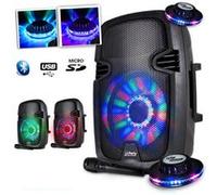 Enceinte mobile batterie 8"/20cm à LEDs RVB - 300W - USB/BT/FM + Micro + 2 Effets OVNI LED RVB