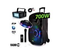 enceinte mobile batterie karaoke party12-led 700w leds rvb dj pa usb/bt/sd/ radio fm / pc + strobe + ovni