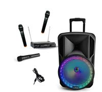Enceinte Mobile Karaoke Autonome USB Bluetooth Tuner PARTY-12LED 700W - Chariot - 3 Micros sans fil - Discours - Animation - Ecole