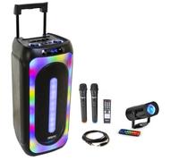 Enceinte Nomade Sono Karaoke 1000w MAGIC-SOUND1000 - 2 micros sans Fil - Bluetooth USB - 1 jeu de Lumière Miniwave - Soirée DJ