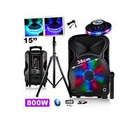 enceinte party light sound mobile 800w 15" à leds rvb - usb/bt/sd/fm + effet ovni + pied