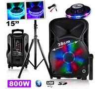 Enceinte PARTY LIGHT SOUND mobile 800W 15" à LEDs RVB - USB/BT/SD/FM + Effet OVNI + PIED