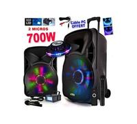 enceinte party12-led 700w 12" à leds rvb sono dj batterie 2 micros usb/bt/sd/fm + effet ovni + strobe cable pc
