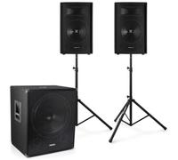 VONYX Set Complet 2.1-2X Enceintes 12" avec Caisson de Basse Bi-Amplifié, Pieds d'Enceinte et Câble Inclus, Puissance 1600W, Idéal pour DJ Mobiles