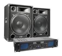 SKYTEC Pack Complet Max15 - Enceinte Passive Puissante 15" 1000W avec Amplificateur 2X 500W, Câbles Haut-Parleurs Intégrés, Idéal pour Soirées et Karaokés