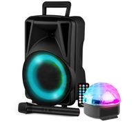 ENCEINTE PORTABLE 200W AVEC USB, BLUETOOTH + JEUX DE LUMIERE ASTROBALL + MICRO SANS FIL PA DJ SONO LED SOIREE FAMILLE KARAOKE