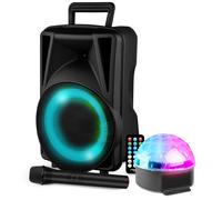 ENCEINTE PORTABLE 200W AVEC USB, BLUETOOTH + JEUX DE LUMIERE ASTROBALL + MICRO SANS FIL PA DJ SONO LED SOIREE FAMILLE KARAOKE